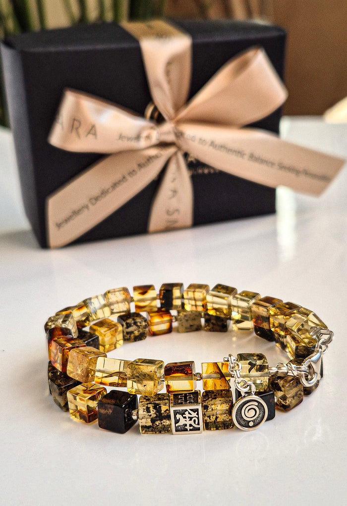 Amber Cube Silver 925 Adjustable Bracelet for Women "Sun Stories"