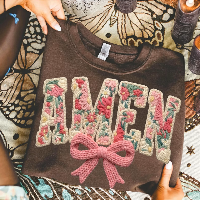 Amen in Stitches in Chocolate Graphic Tee and Sweatshirt