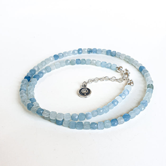 Aquamarine cube Silver 925 Necklace for Women "Stone of Faith"