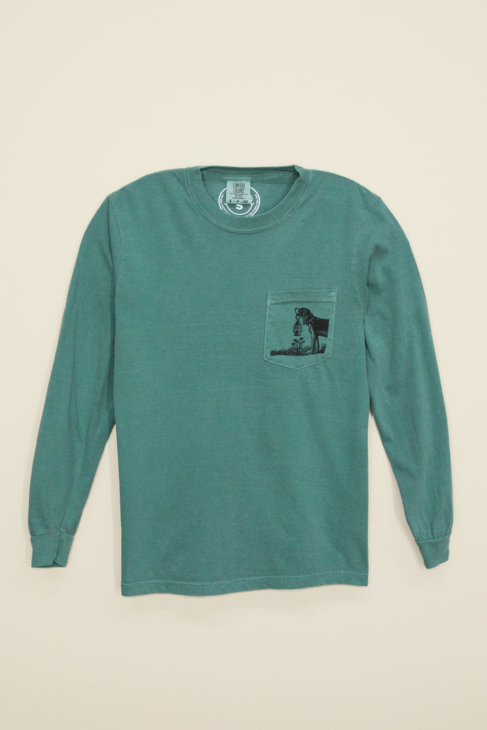 Kin Ship Goods teal long sleeve with ‘Comfort for all Creatures’ mountain dog graphic on back, screen printed in black ink.