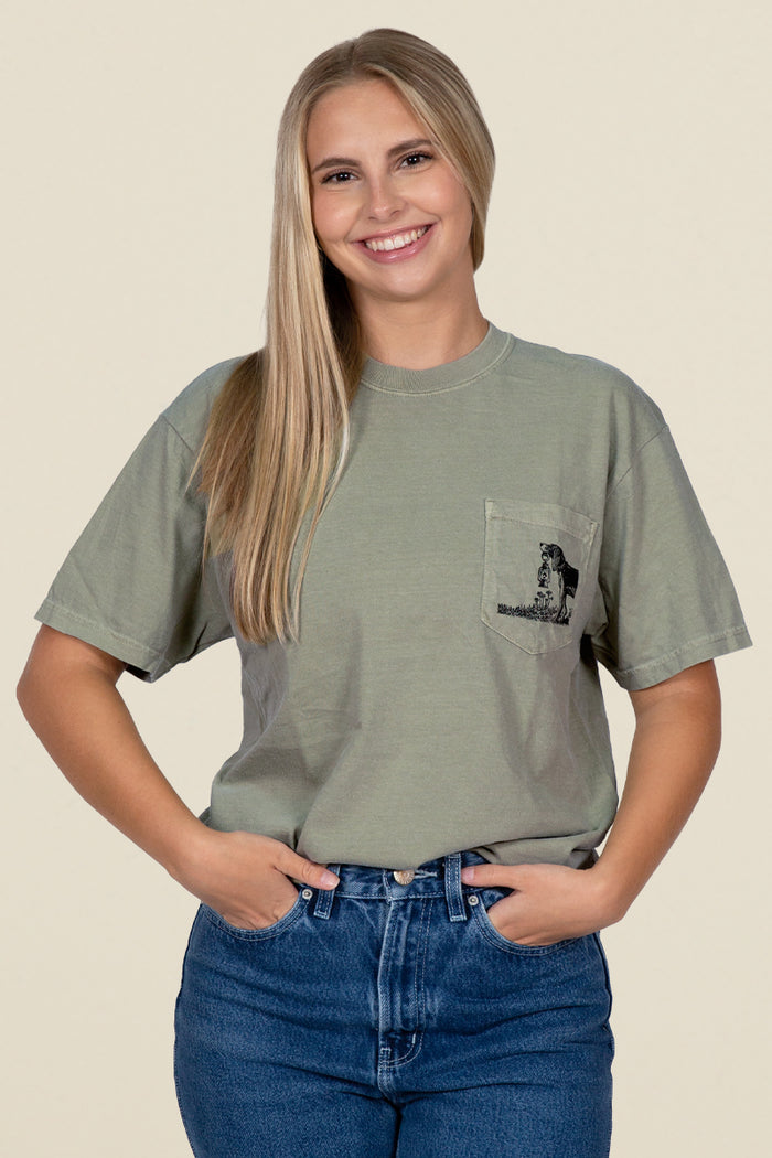 Kin Ship Goods beagle pocket tee in sage with mountain scene and ‘Comfort for all Creatures’ graphic on back.