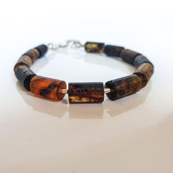 Black Baltic Amber Adjustable Silver 925 Bracelet for Women "Sun Stories"
