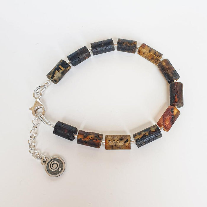 Black Baltic Amber Adjustable Silver 925 Bracelet for Women "Sun Stories"