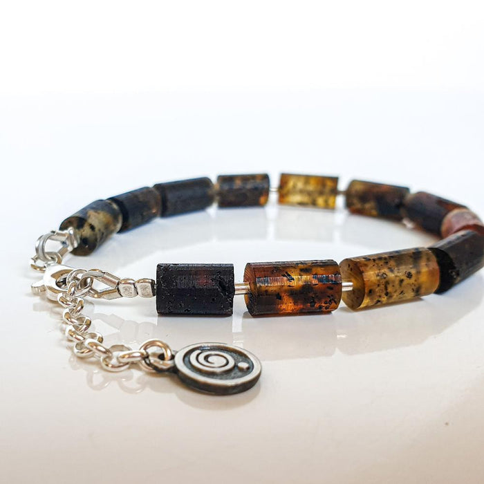 Black Baltic Amber Adjustable Silver 925 Bracelet for Women "Sun Stories"