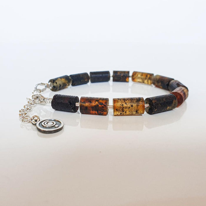 Black Baltic Amber Adjustable Silver 925 Bracelet for Women "Sun Stories"
