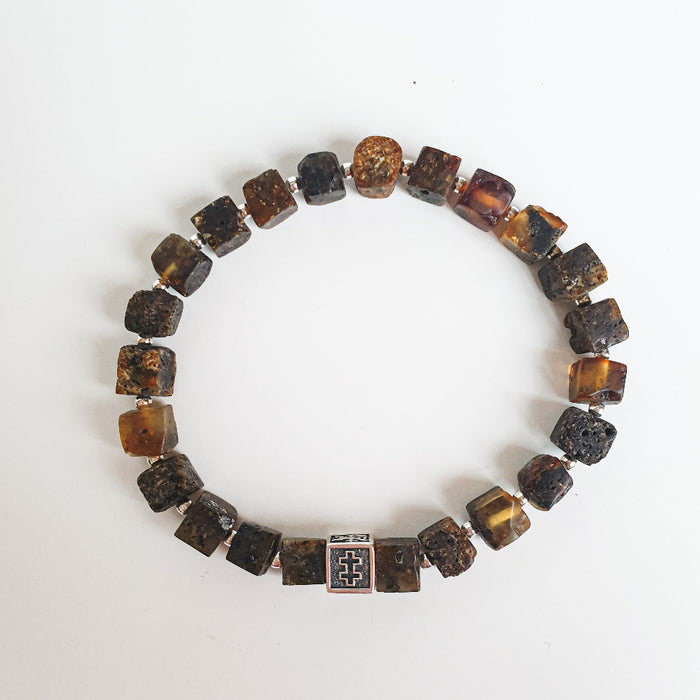 Black Baltic Amber Non Polished Cube Silver 925 Bracelet - Vytis - "Sun Stories"