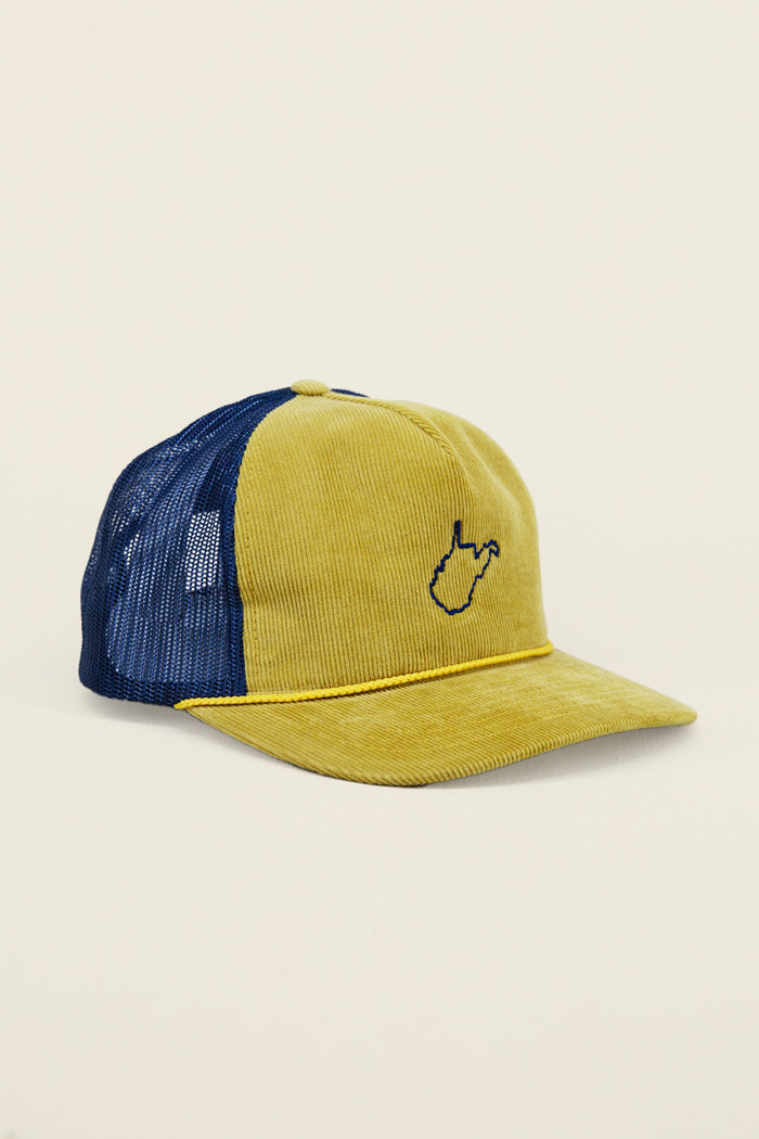 Gold and navy Kin Ship Goods trucker hat with corduroy front, mesh back, and navy WV state outline