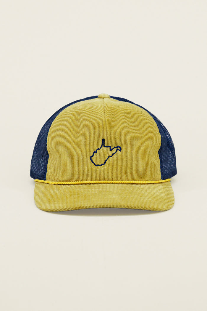 Gold and navy Kin Ship Goods trucker hat with corduroy front, mesh back, and navy WV state outline