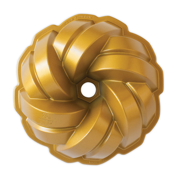 Nordicware braided Bundt pan for bread and cakes, overhead view showing intricate braided design and non-stick surface.