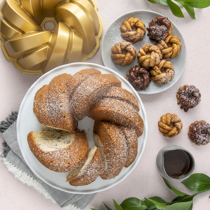 Nordicware braided Bundt pan for bread and cakes, with a detailed, twisted design suitable for spring-themed baked goods.