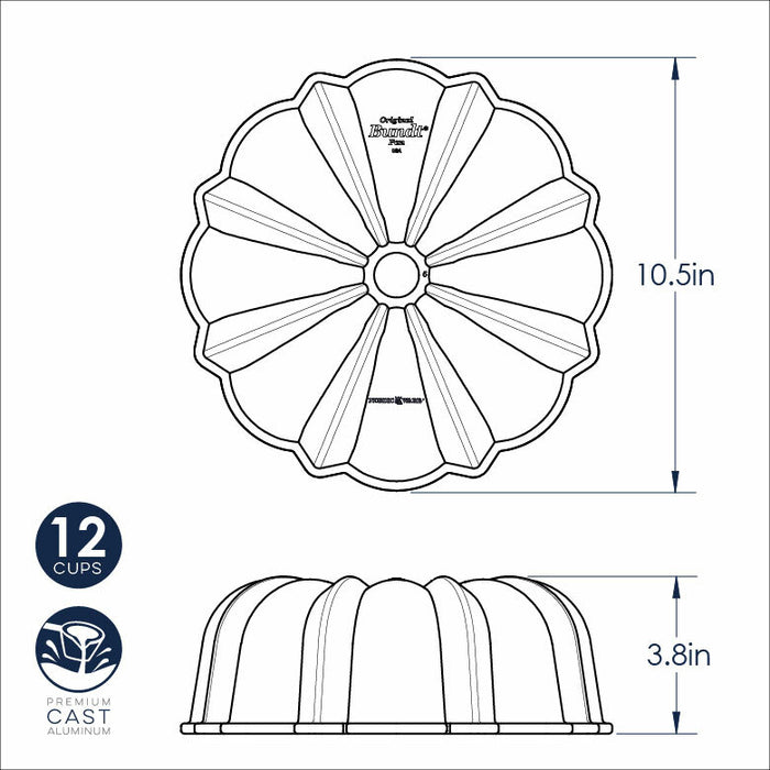 Nordicware 12-cup traditional Bundt pan with cast aluminum for even baking and detailed decorative edges.