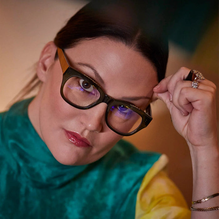 Caddis Miklos Reading Glasses in Minor Blues on a model at Addison West