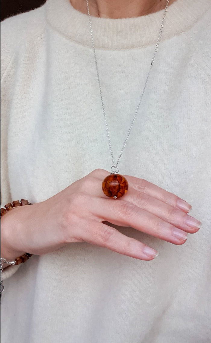 Cognac Amber Silver 925 Long  Necklace for Women "Sun Stories"