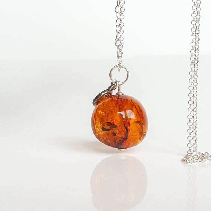 Cognac Amber Silver 925 Long  Necklace for Women "Sun Stories"