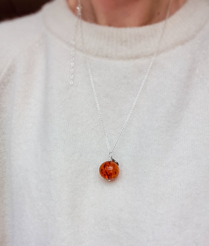 Cognac Amber Silver 925 Long  Necklace for Women "Sun Stories"