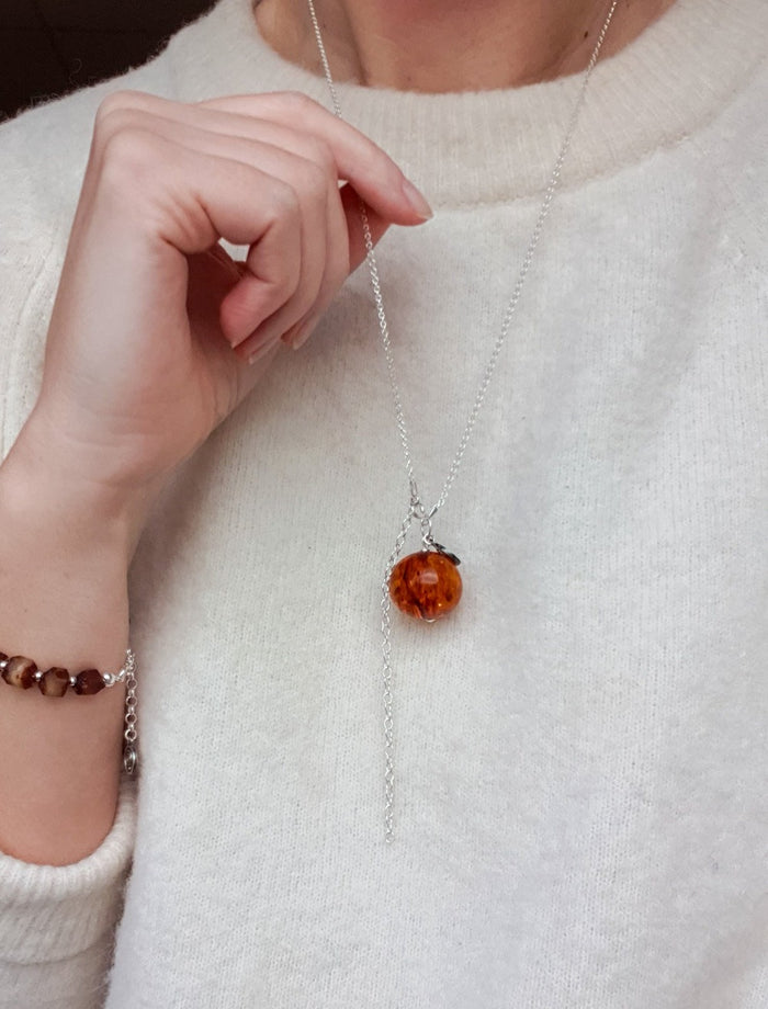 Cognac Amber Silver 925 Long  Necklace for Women "Sun Stories"