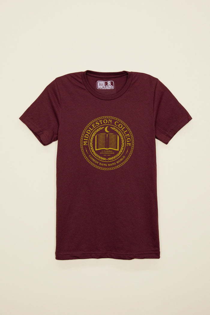 Kin Ship Goods maroon t-shirt with gold Middleston College seal—official Comedy Bang Bang World merch.