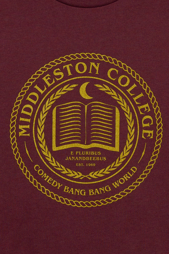 Kin Ship Goods maroon t-shirt with gold Middleston College seal—official Comedy Bang Bang World merch.