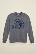Kin Ship Goods heather gray sweatshirt with raccoon, opossum, and owl howling 'West Virginiaaaaaa' in navy blue text and notes.