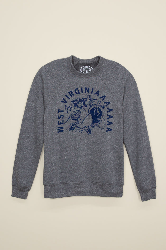 Kin Ship Goods heather gray sweatshirt with raccoon, opossum, and owl howling 'West Virginiaaaaaa' in navy blue text and notes.