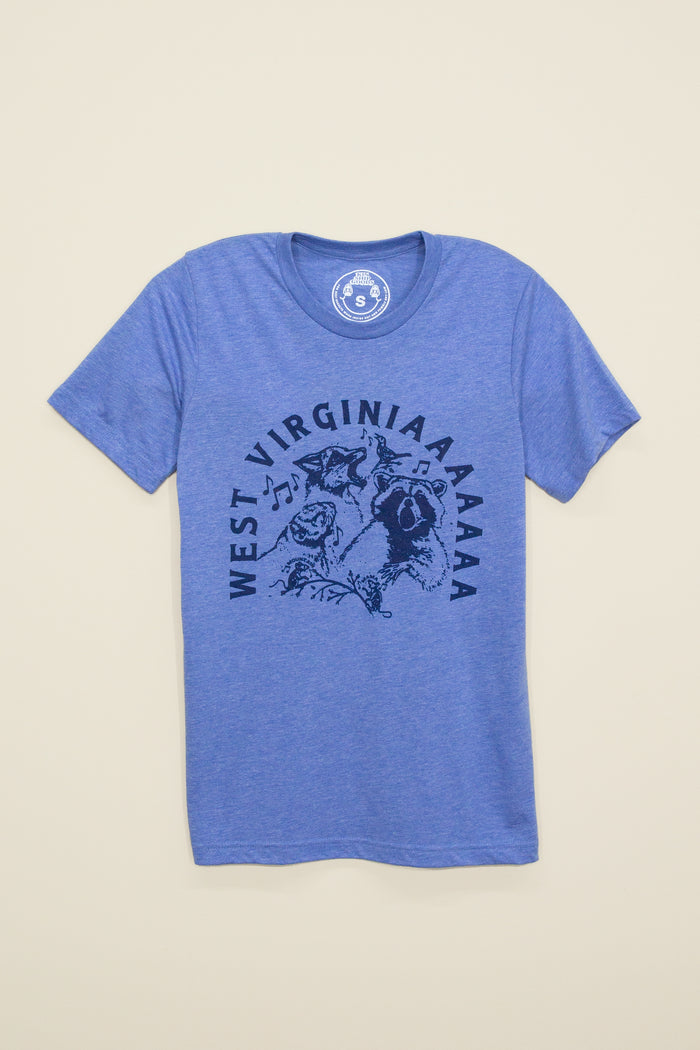 Kin Ship Goods heather blue country critters tee with howling Appalachian animals and ‘West Virginiaaaaa’ text, perfect for nature lovers and locals.