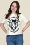 Kin Ship Goods Daughters of Appalachia tee in cream with bold black graphic, modeled with a relaxed fit and casual style.