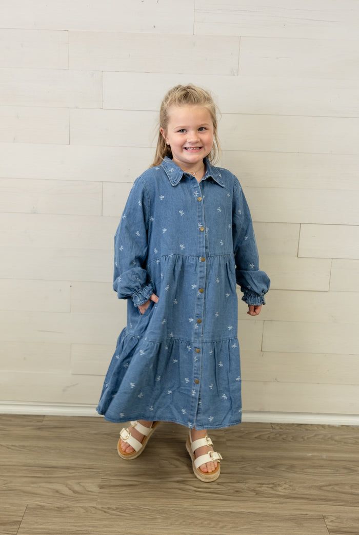 Denim Bow Printed Buttoned Denim Dress