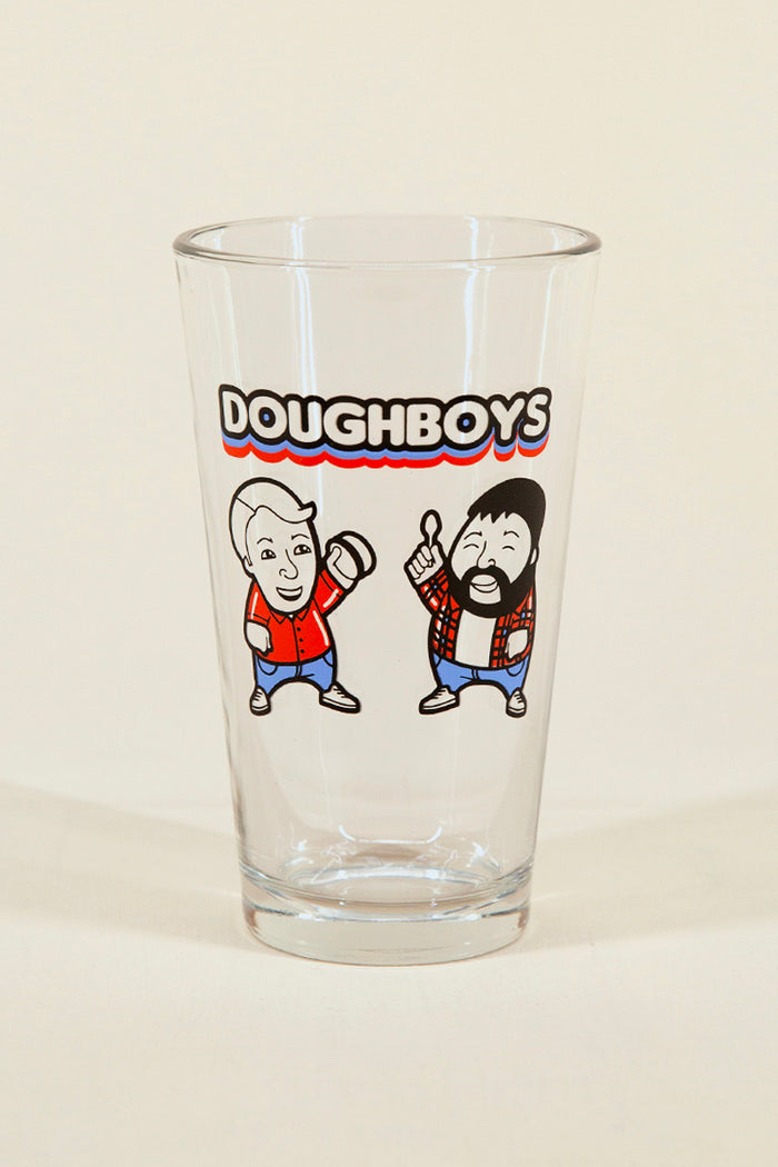 Doughboys pint glass from Kin Ship Goods – official collab featuring Nick and Mitch artwork.