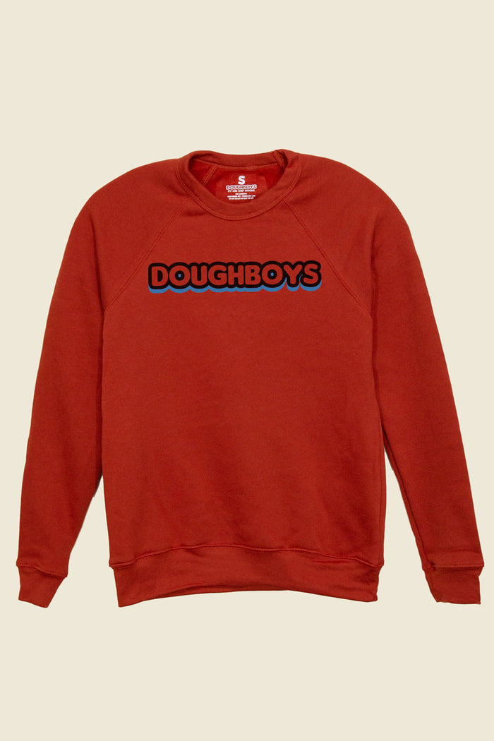 Doughboys logo sweatshirt in rustic red – cozy unisex fleece crewneck with bold retro typography. - Kin Ship Goods
