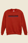 Doughboys logo sweatshirt in rustic red – cozy unisex fleece crewneck with bold retro typography. - Kin Ship Goods