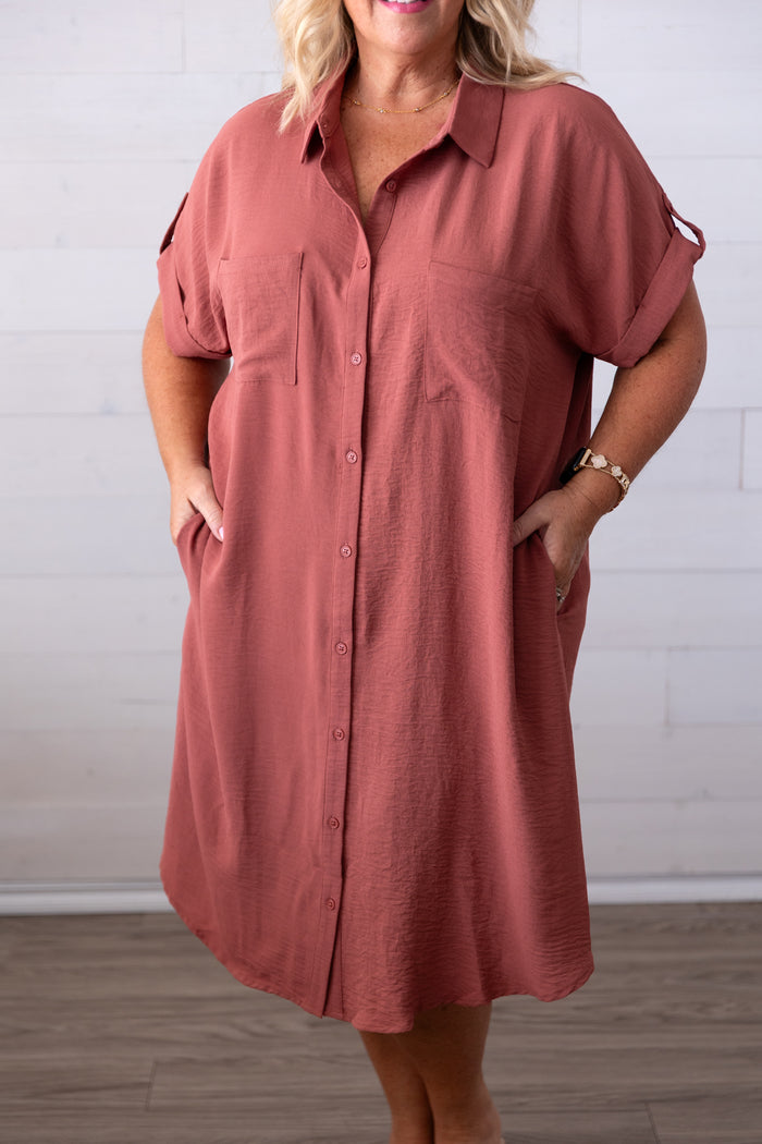 Drop Shoulder Button Up  Dress Side Pockets Cinnamon