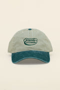 Kin Ship Goods Friends of Coleslaw dad hat with green embroidered logo—khaki and forest green cotton cap with Appalachian flair.