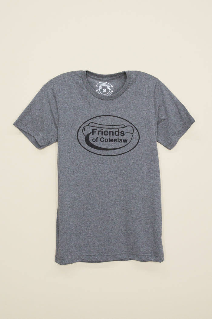 Kin Ship Goods heather gray tee with black hotdog graphic and ‘Friends of Coleslaw’ text, a playful nod to WV-style dogs and Friends of Coal slogan.