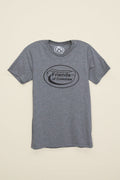 Kin Ship Goods heather gray tee with black hotdog graphic and ‘Friends of Coleslaw’ text, a playful nod to WV-style dogs and Friends of Coal slogan.