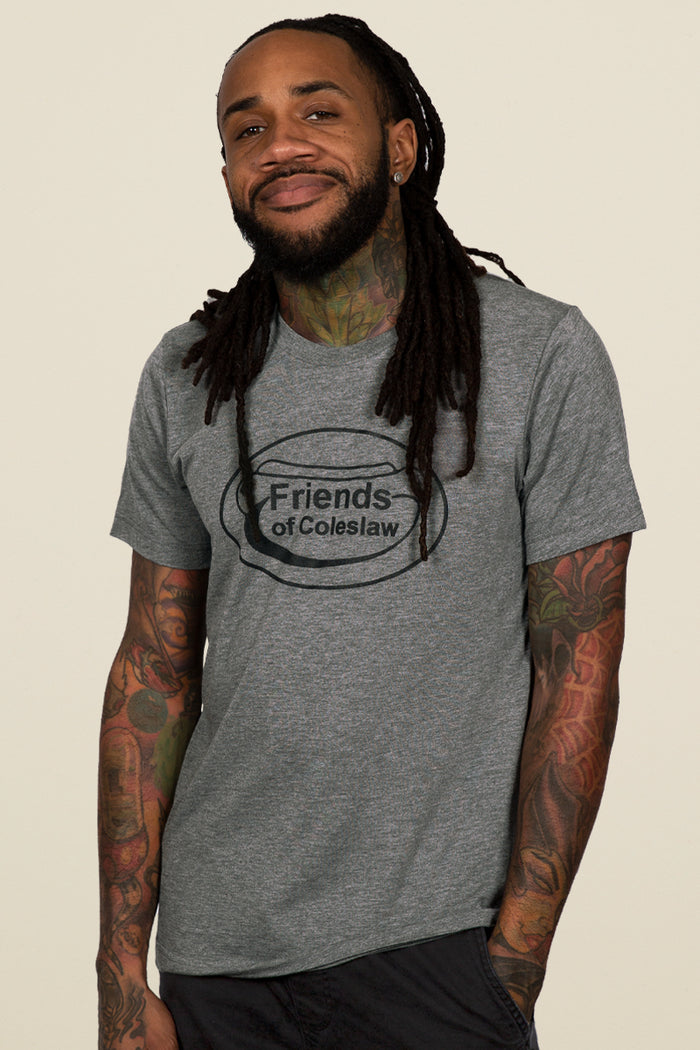 Kin Ship Goods heather gray tee with black hotdog graphic and ‘Friends of Coleslaw’ text, a playful nod to WV-style dogs and Friends of Coal slogan.
