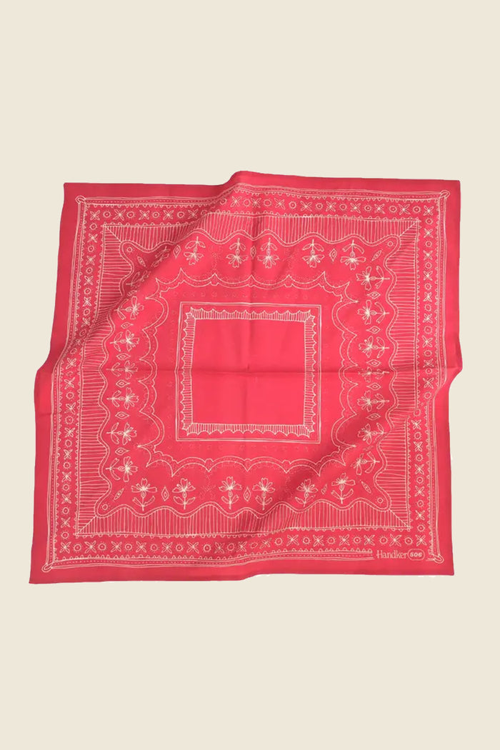 Kin Ship Goods Handker Hank #506 red bandana with hand-printed white floral cotton design, 22x22 inches