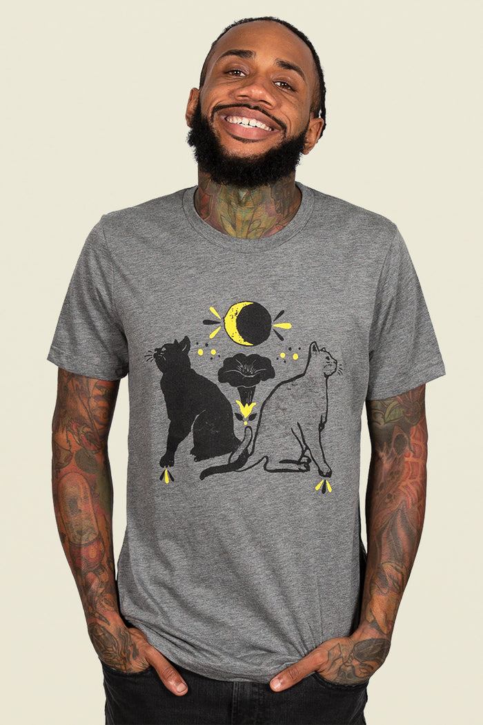 Kin Ship Goods heather gray t-shirt with two cats, moon phases, and folk-inspired hex symbols for protection, strength, and healing.