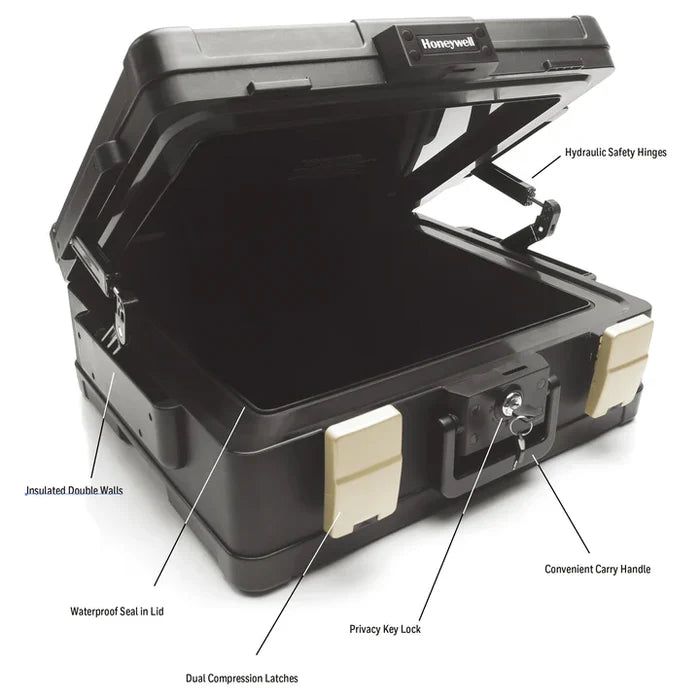Black Honeywell 1104 safe with labeled features on a white background
