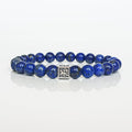 Lazurite bracelet for men with Vytis silver 925 charm, Blue beaded bracelet with a silver clasp on a white background