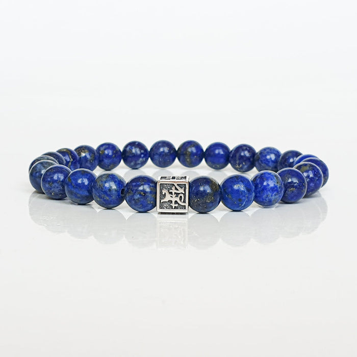 Lazurite bracelet for men with Vytis silver 925 charm, Blue beaded bracelet with a silver clasp on a white background