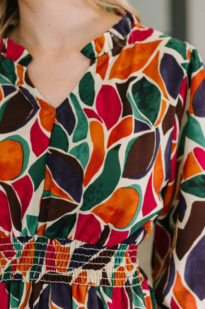 Leafing it All Behind Long Sleeve Tiered Dress