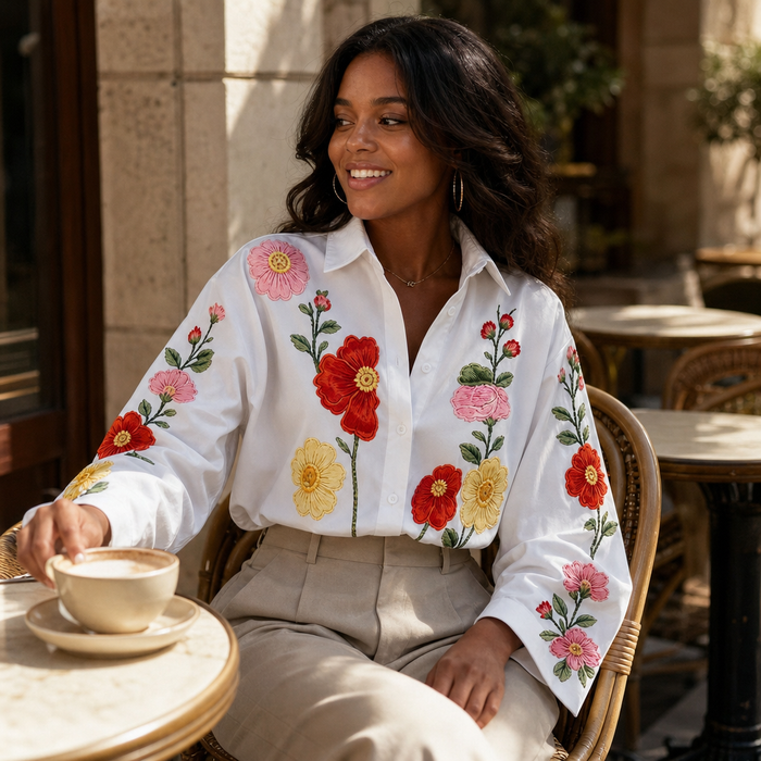 Lunabloom – Floral Embroidered-Look Lapel-Collar Blouse