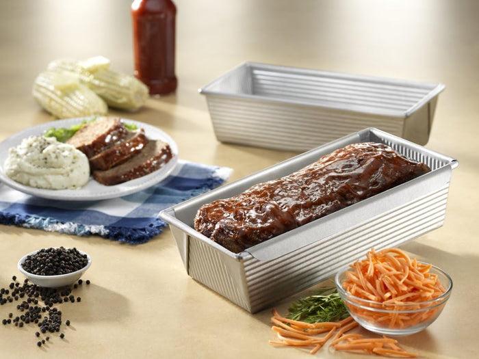 USA Pan Meat Loaf Pan with insert, 1105 Specialty Bakeware for perfect meatloaf baking, non-stick coated aluminum with removable insert.