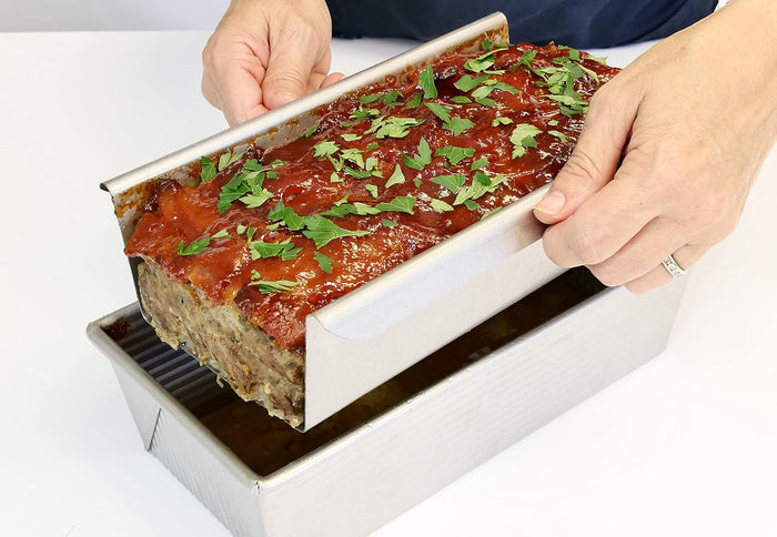 USA Pan Meat Loaf Pan with Insert for easy baking and perfect meatloaves, part of 1105 Specialty Bakeware collection.