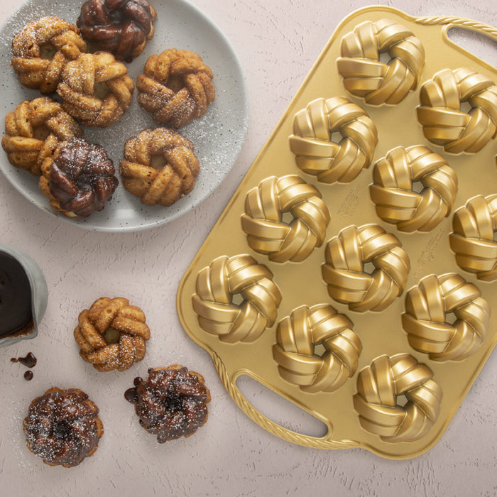 Mini braided Bundt pan by Nordicware for baking bread and cakes, shown with the pan and baked mini Bundt cake.