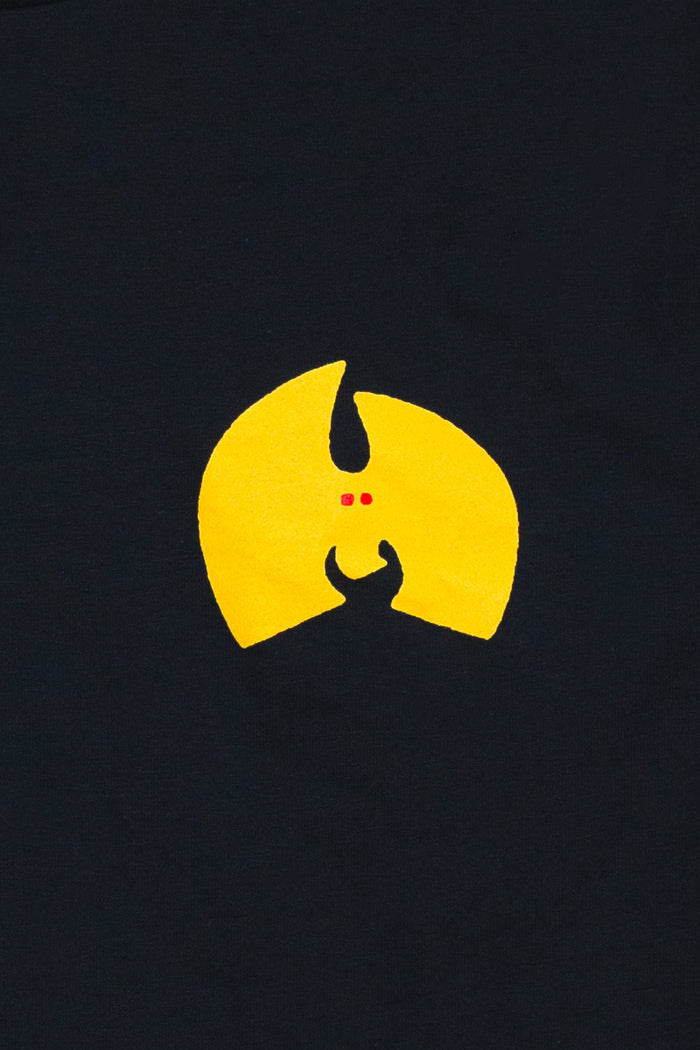 Kin Ship Goods Mothman Forever t-shirt with bold yellow chest graphic and red-eyed cryptid on black cotton tee.