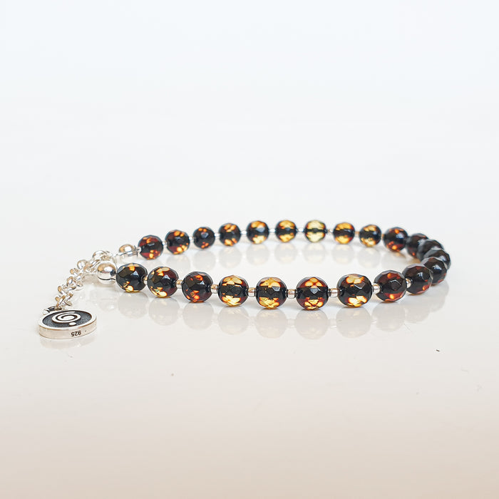 Natural Faceted Two-Tone Baltic Amber and Sterling Silver 925 Bracelet