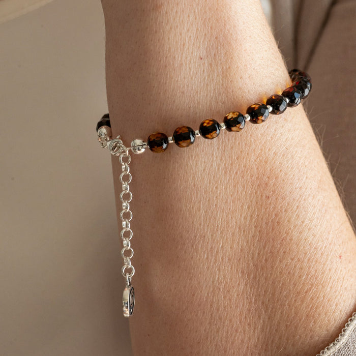 Natural Faceted Two-Tone Baltic Amber and Sterling Silver 925 Bracelet