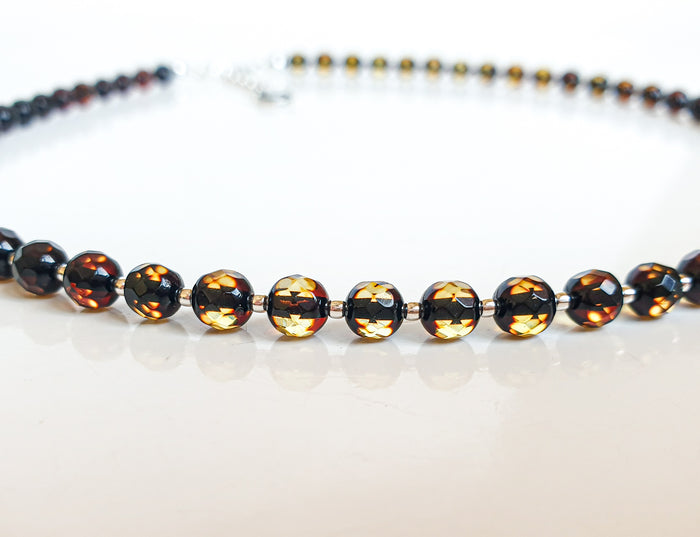Natural Faceted Two-Tone Baltic Amber and Sterling Silver 925 Necklace