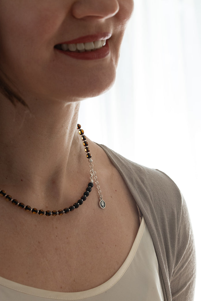 Natural Faceted Two-Tone Baltic Amber and Sterling Silver 925 Necklace
